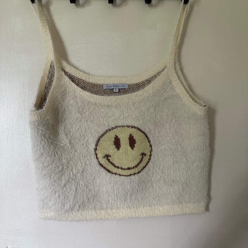 Cream Fuzzy Tank Top with Smiley Face